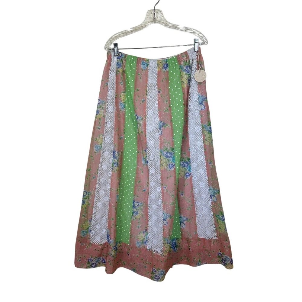Vtg Chessa Davis Maxi Skirt Lime Green Pink Floral Peasant Hippie Large Crochet